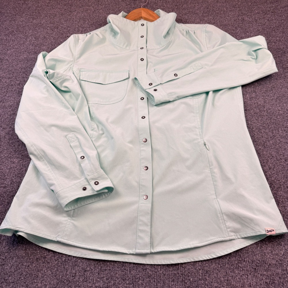 Duluth Trading Co Shirt Womens L Mint Green Good Pinstripe Cinch Waist Outdoor
